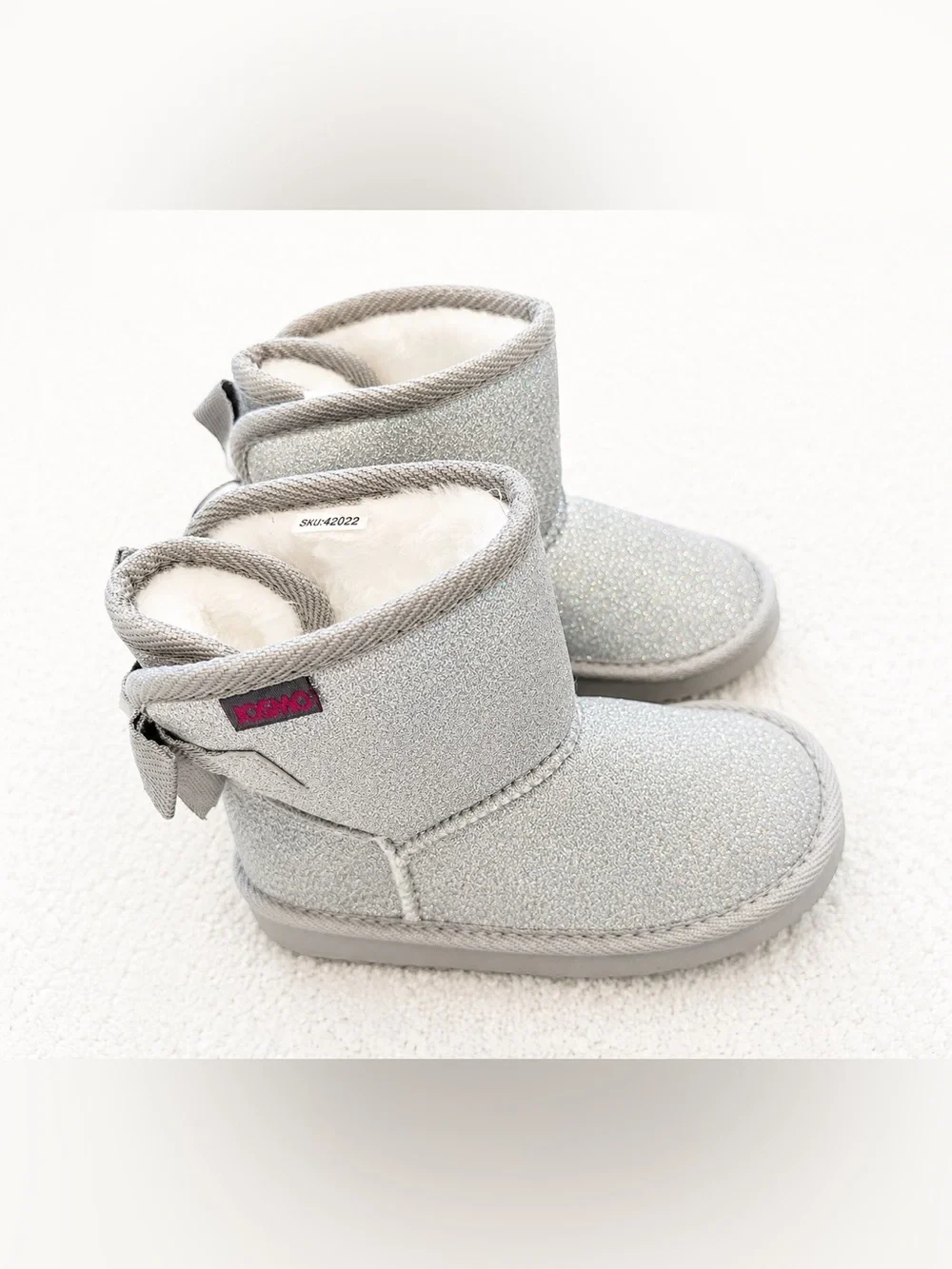 NEW Toddler Girls Bow Winter Boots Size 9 Flat Heel Faux Suede Cozy Pull On Gray